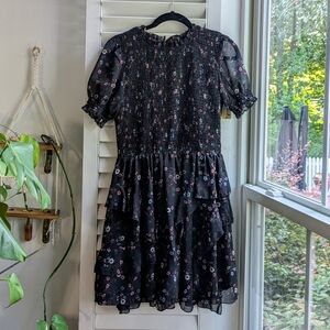 Olivaceous Black Floral Tiered Smocked Dress